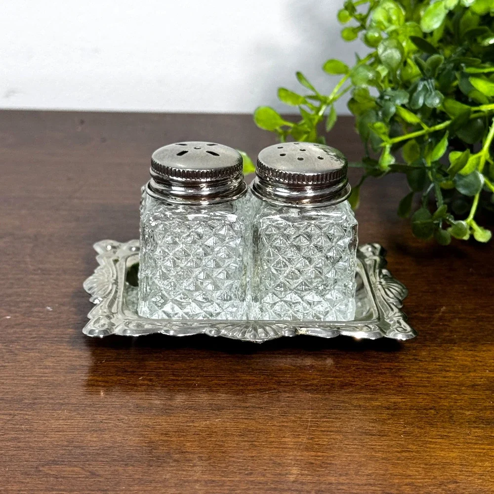 Vintage Mini Salt & Pepper Shakers Silver Plated Tray Clear Diamond Point Glass